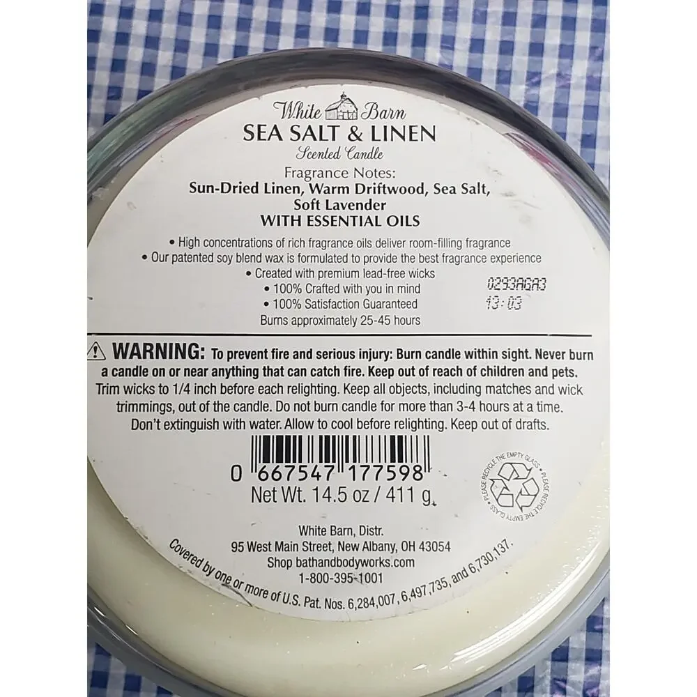 BBW Sea Salt & Linen Large 3 Wick Candle Home Fragrance Decor